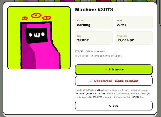Screenshot of a digital interface for 'Machine #3073' with status 'earning,' desk '$RDDT,' weight 2.26x, and anvil bid of 12,039 $P, alongside an illustration of a purple character.