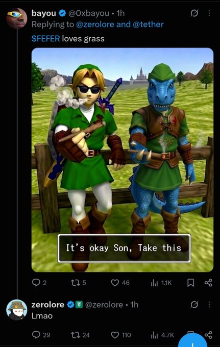 A Twitter post by @0xbayou reads '$FEFER loves grass' and features a meme of Link and a blue lizard character with the text 'It's okay Son, Take this'.