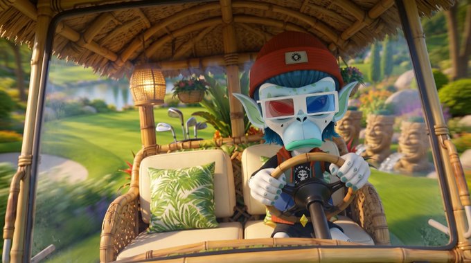 A 3D-rendered character of a blue-skinned, pointy-eared goblin wearing 3D glasses and a red beanie, driving a bamboo-framed golf cart through a lush, tropical golf course.