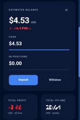 A trading app screenshot shows an Estimated Balance of $4.53 USD, with Cash at $4.53 and In Positions at $0.00, displaying Total Profit and Total Volume metrics.