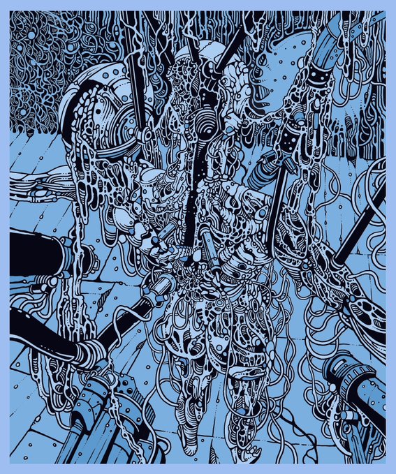 ers of a blue and black abstract art piece, featuring a robot-like figure with arms and legs, surrounded by a network of lines and shapes.