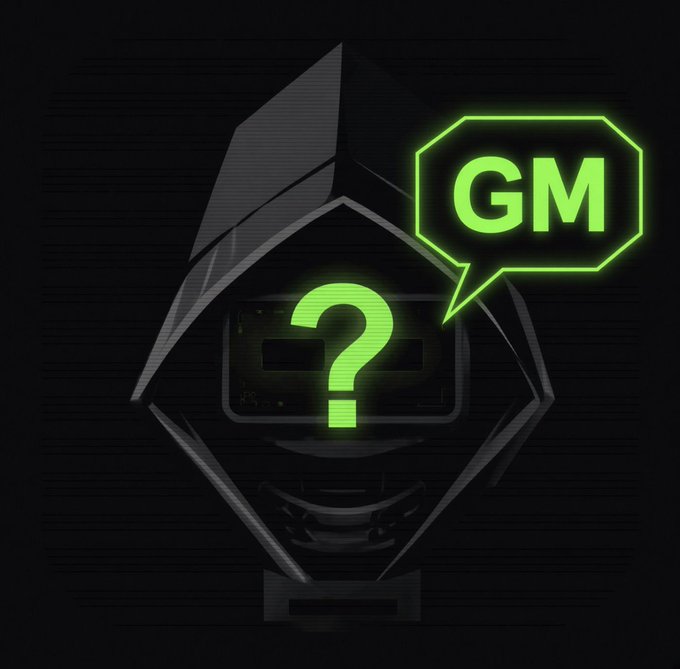 A dark graphic featuring a stylized hooded figure with a glowing green question mark on its face and a speech bubble containing 'GM'.