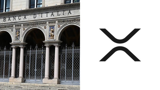 The image shows the facade of "BANCA D'ITALIA" (Bank of Italy) alongside the XRP cryptocurrency logo. It illustrates that Intesa Sanpaolo, an Italian bank, now holds approximately $26 million worth of XRP, highlighting a notable connection between traditional Italian banking and the digital asset.