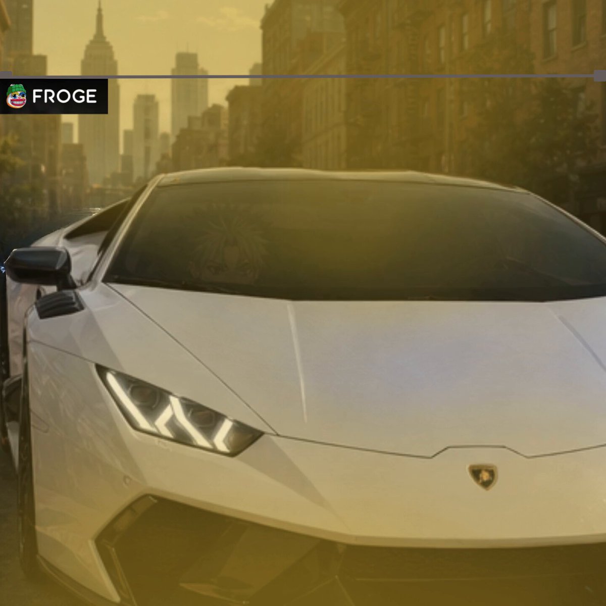 The image features a white Lamborghini Huracan sports car parked on a city street, with a skyline visible behind it. The caption of the image reads "If you think lambos look banger, you'r wrong. Join Froge Season 2 and experience the Froge-wrapped Cybertruck. And turn heads where ever you go. Earn some more FROINTS: -daily delist rewards -weekly featured traits -collab NFT projects -X posts". The image is related to a post about the Froge series, which features a Lamborghini Huracan sports car as its main subject.