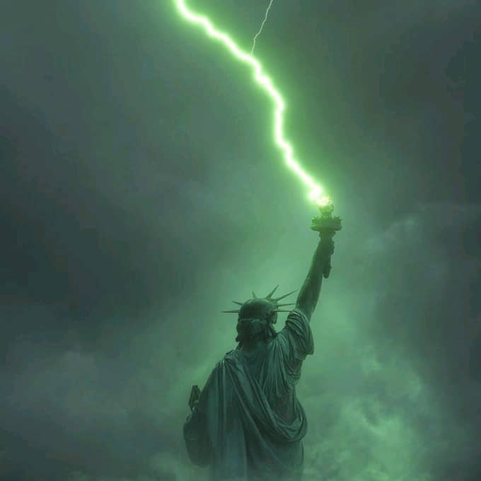 The Statue of Liberty is struck by a bolt of bright green lightning against a dark, stormy sky.