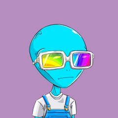 Cartoon drawing of a blue alien-like character wearing rainbow-lensed sunglasses and blue overalls on a purple background.