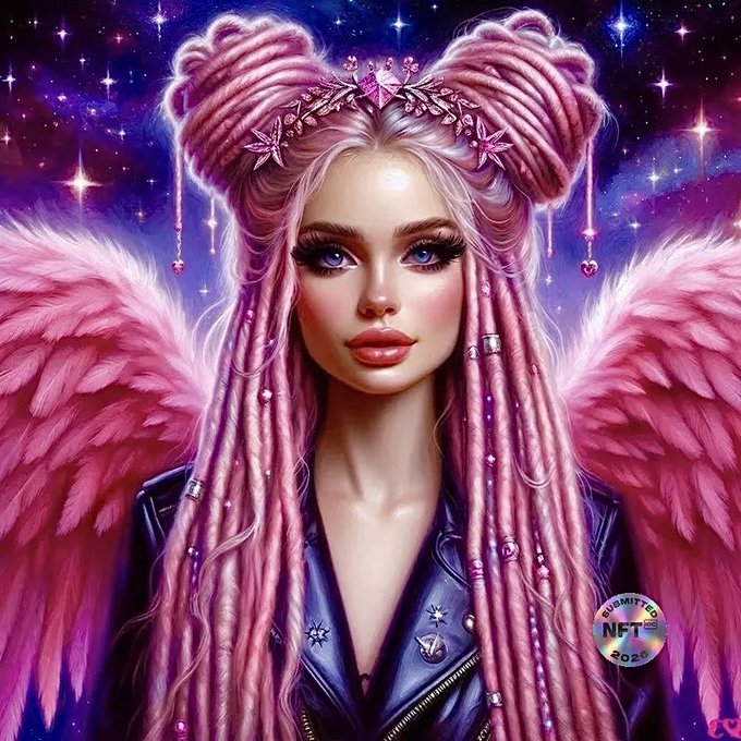 A vibrant digital fantasy artwork of a woman with pink dreadlocks styled into buns, wearing a jeweled headpiece and a leather jacket, flanked by large pink feathered wings against a starry space background.