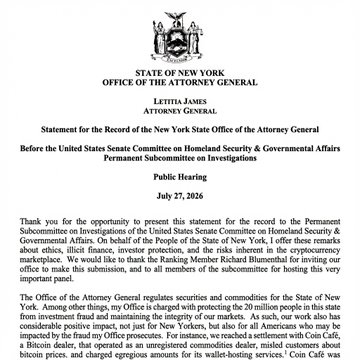 A New York State Office of the Attorney General letterhead dated July 27, 2026, shows the official seal of Attorney General Letitia James, displaying a public statement for the record to the U.S. Senate Committee on Homeland Security and Governmental Affairs regarding cryptocurrency-related legislation. The letter relates to the accompanying post by highlighting James's call for stronger safeguards in the Clarity Act to prevent it from undermining states' enforcement powers against bad actors in the digital asset space.