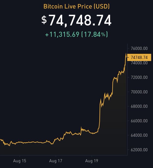 Bitcoin Live Price (USD) chart showing $74,748.74, up $11,315.69 (17.84%), with an orange line graph showing a sharp rise from around $62,000 to $74,748.74 between August 15 and August 19.