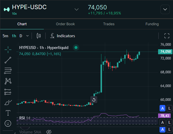 A Hyperliquid trading chart shows the HYPE-USDC perpetual pair trading at $74,050 on the 1-hour timeframe, up +11,795 (+18.95%), with the RSI 14 indicator reading 78.43. The price action displays a sharp breakout rally approaching the $74K resistance level, aligning with the post's anticipation of HYPE reaching a new all-time high.