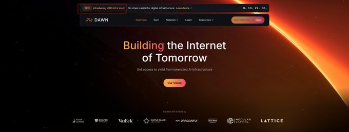 The image shows the DAWN website homepage with the tagline "Building the Internet of Tomorrow" and the subtitle "Get access to yield from tokenized AI infrastructure," featuring backer logos including Dragonfly Capital, Stanford, VanEck, Longhash Ventures, Dragonfly, Modular Capital, and Lattice. It connects to the post about DAWN as a DePIN idle farming project, illustrating the platform's AI infrastructure focus and notable backers that likely contributed to its credibility as a participation opportunity.
