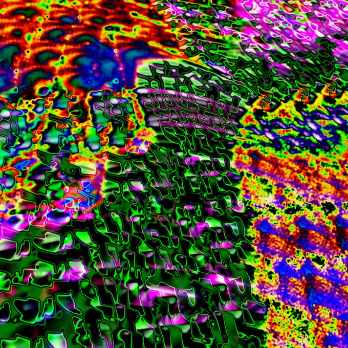 An abstract digital artwork featuring vibrant, glitchy textures in green, pink, magenta, blue, and orange with wavy, distorted patterns and flowing, metallic-looking shapes.