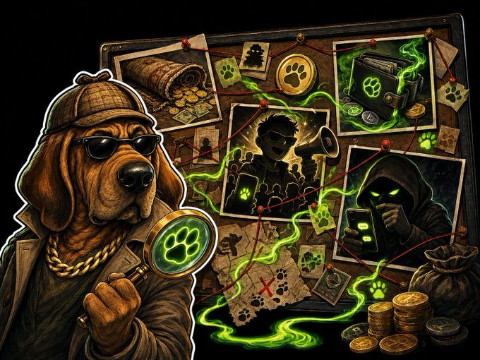 A stylized digital illustration showing a dog wearing sunglasses and a detective hat holding a magnifying glass, investigating a bulletin board filled with clues connected by green glowing lines.