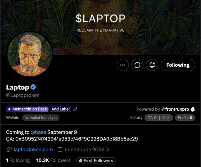 A Twitter/X profile page for 'Laptop' (@Laptoptoken) with the tagline '$LAPTOP RECLAIM THE NARRATIVE,' tagged as a 'Memecoin on Base,' announcing a September 9 @base launch with CA '0xB095274743941e953c746F9C228DA9c18Bb6ec29,' showing 10.3K Followers.