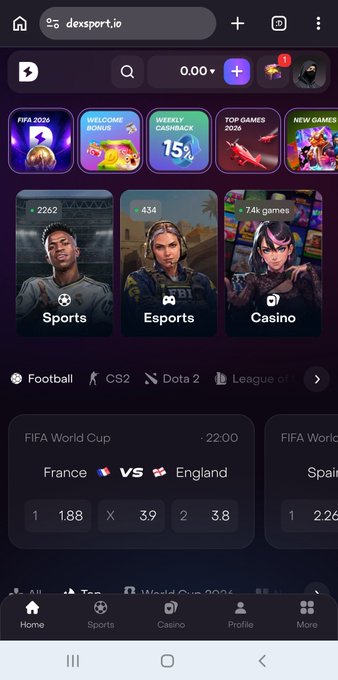 A mobile screenshot of the 'dexsport.io' gambling and betting app, displaying categories for 'Sports', 'Esports', and 'Casino', along with a FIFA World Cup betting matchup between France and England with odds 1.88, 3.9, and 3.8.