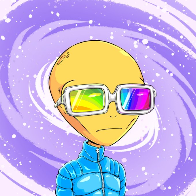 A digital illustration of a yellow alien character wearing colorful iridescent sunglasses and a blue puffer jacket, set against a swirling purple cosmic background.