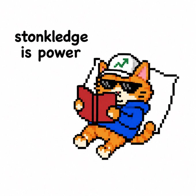 A pixel art meme featuring an orange cat wearing sunglasses, a blue hoodie, and a white cap with a green upward arrow, reading a red book, with the text 'stonkledge is power'.