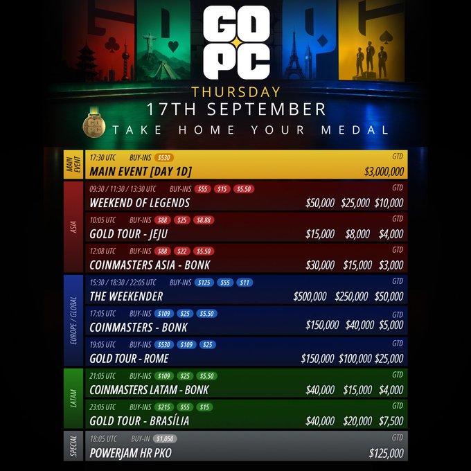 A poker tournament schedule titled 'GOOPC THURSDAY 17TH SEPTEMBER - TAKE HOME YOUR MEDAL' listing events across Main Event, Asia, Europe/Global, Latam, and Special categories with buy-ins and prize pools.