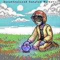 Pixel art titled 'Decentralized Curated Wardrobe' depicting a small character in a red cap sitting on a grassy field against a snowy mountain backdrop, holding a glowing purple orb.