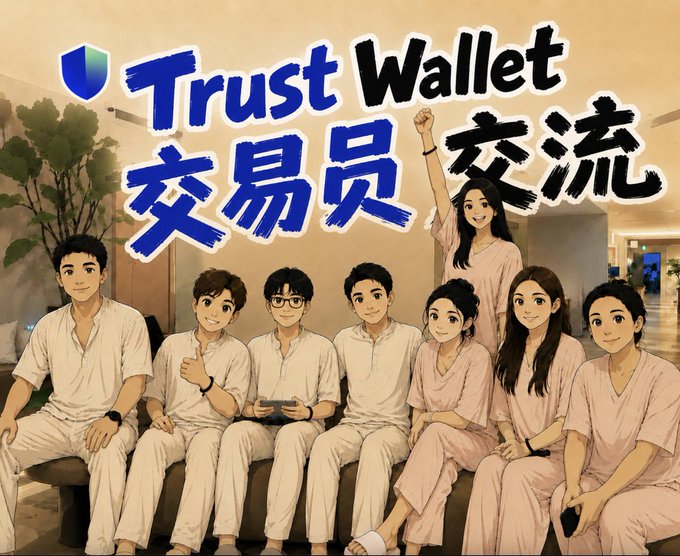 A group of eight young professionals in white and pink attire sit together on a couch in a modern office setting, posing cheerfully beneath the bold "Trust Wallet 交易员交流" (Trust Wallet Trader Exchange) logo and shield emblem. The image visually represents the post's claim that Trust has transformed into a dedicated "crypto army" of hardworking traders, showcasing the team's youthful, collaborative energy rather than the older "European bros" stereotype.