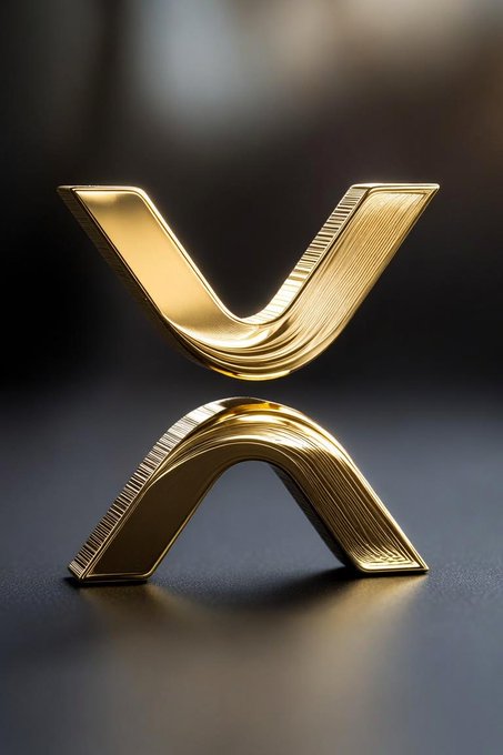 Two polished gold "X" shapes—one inverted above the other—are stacked into a stylized hourglass-like emblem, symbolizing XRP's network as durable, long-term infrastructure beneath the volatility of market narratives.