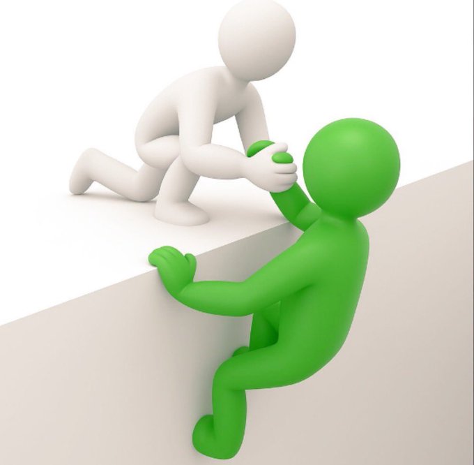A white 3D figure reaches down from the top of a ledge to pull up a green 3D figure, illustrating the post's message of sharing successful methods so that when one person climbs out, they can help lift others.