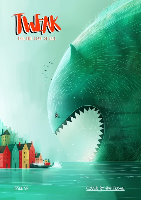 Cover art for 'TINCLEAK, TINK THE LAST OF ART, ISSUE 59', featuring a large shark-like creature looming over a small fishing boat and colorful coastal buildings, with cover credit '@atttkoae'.