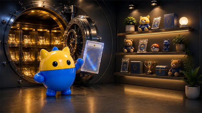 A 3D rendered scene showing a yellow and blue cat-like character holding a glowing card in front of an open vault, with shelves displaying teddy bears and trading cards in the background.