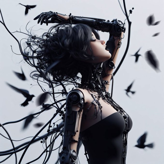 A stylized digital artwork of a female cyborg with mechanical arms and flowing dark hair, surrounded by birds in flight.