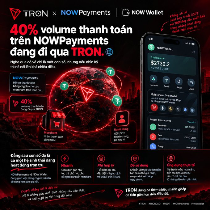 A promotional graphic for TRON x NOWPayments and NOW Wallet, featuring Vietnamese text highlighting that 40% of payment volume on NOWPayments goes through TRON, alongside a screenshot of the NOW Wallet app showing a $2,730.2 balance and recent USDT transactions.