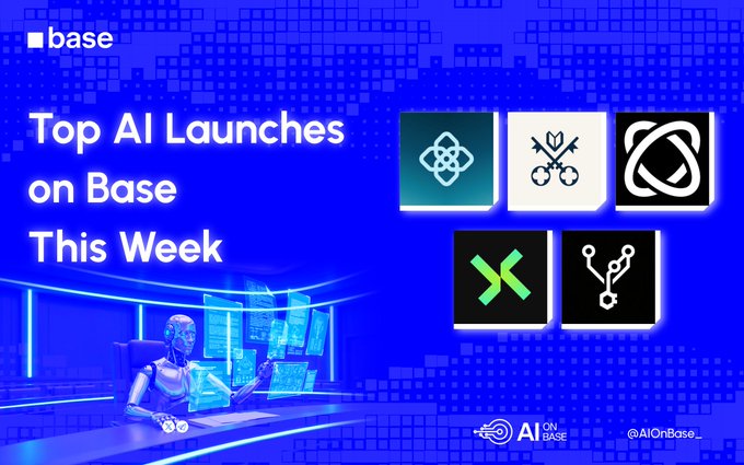A blue graphic titled 'Top AI Launches on Base This Week' featuring six black and white app icons, an illustration of a robot at a desk, and the handle '@AIOnBase_'.