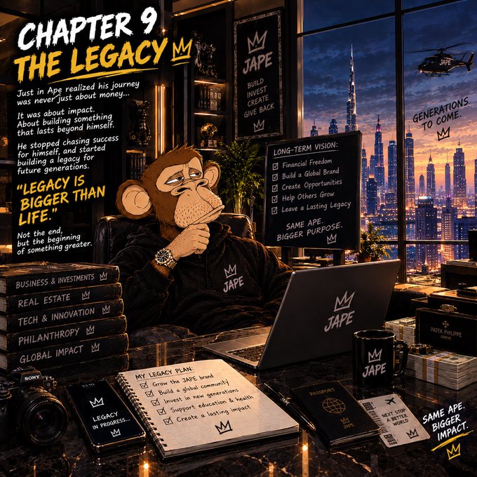 An illustrated 'Chapter 9: The Legacy' graphic featuring a Bored Ape-style character in a suit, surrounded by text about JAPE, business, real estate, tech, philanthropy, and global impact, with a Dubai skyline view.