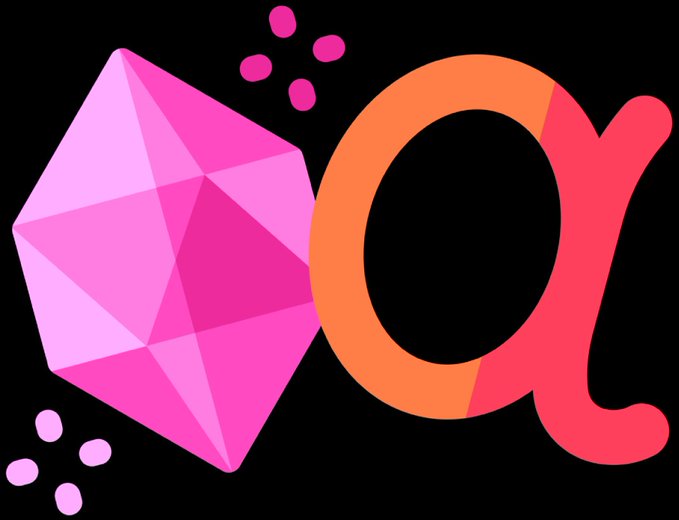 A logo combining a pink faceted gem shape with a stylized orange and red lowercase 'a' on a black background.