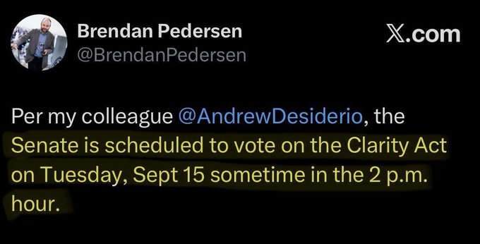 A screenshot of a tweet from Brendan Pedersen (@BrendanPedersen) states that the Senate is scheduled to vote on the Clarity Act on Tuesday, Sept 15 around 2 p.m., citing colleague @AndrewDesiderio, which aligns with the post confirming the U.S. Senate's upcoming vote on the Crypto Clarity Act.