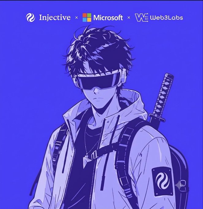 An anime-style illustration of a character with dark hair wearing futuristic VR goggles and a katana, set against a bright blue background with the logos 'Injective x Microsoft x Web3Labs' at the top.