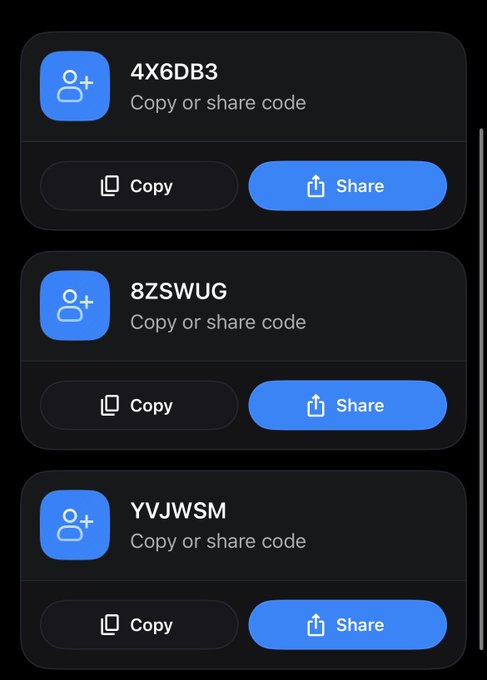A dark-themed mobile app interface displaying share codes ('4X6DB3', '8ZSWUG', 'YVJWSM') with blue 'Copy' and 'Share' buttons for each.