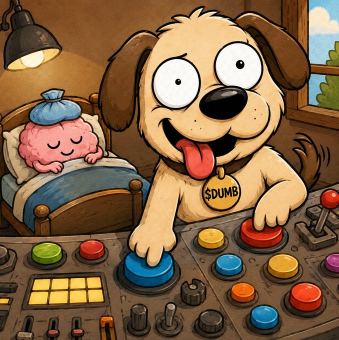 A cartoon illustration of a goofy dog with a '$DUMB' tag pressing buttons on a control panel while a pink brain with an ice pack rests in a bed behind it.