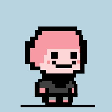 A pixel art character with pink hair and a black outfit stands on a black line against a solid light blue background.