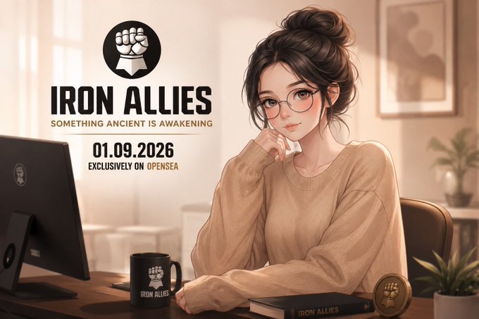 A promotional image for "IRON ALLIES" NFT collection featuring an anime-style woman at a desk with an "IRON ALLIES" mug and book, with text reading "SOMETHING ANCIENT IS AWAKENING," "01.09.2026," and "EXCLUSIVELY ON OPENSEA."
