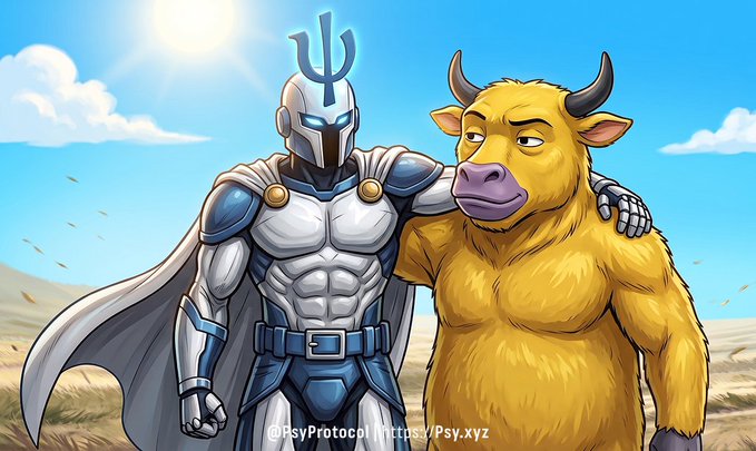 A trident-wielding armored figure stands arm-in-arm with a smug yellow bull-headed creature against a bright sky, with watermarked text "@PsyProtocol https://Psy.xyz" at the bottom—visually illustrating the post's claim that "NiuLai is taking Psy to the moon" by depicting the bullish mascot alongside a triumphant hero ready for ascent.