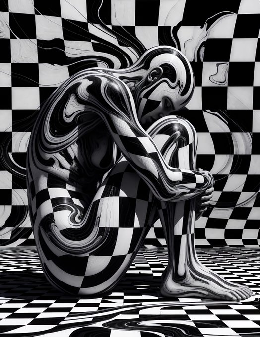 A surreal black-and-white digital artwork featuring a human figure curled in a seated position, with its body and the surrounding environment melting and warping into a distorted checkerboard pattern.