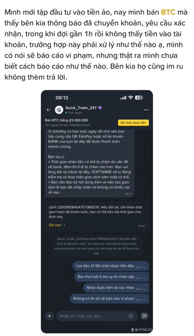 A screenshot of a Vietnamese social media post expressing frustration about a BTC transfer, alongside a screenshot of a Telegram chat with Quick_Trade_247 discussing the unreceived payment.