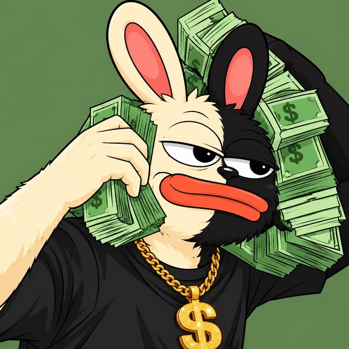 A cartoon illustration of a two-toned rabbit character (half white, half black) wearing a gold chain with a dollar sign pendant, surrounded by stacks of green cash.