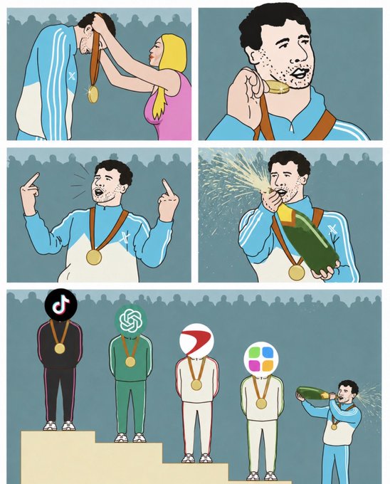 A six-panel comic showing a man being awarded a medal, spraying champagne, and standing off the podium while logos for TikTok, ChatGPT, Brave, and Microsoft receive medals.
