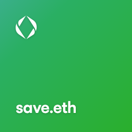 A simple digital graphic features a white geometric logo and the text 'save.eth' on a gradient green background.