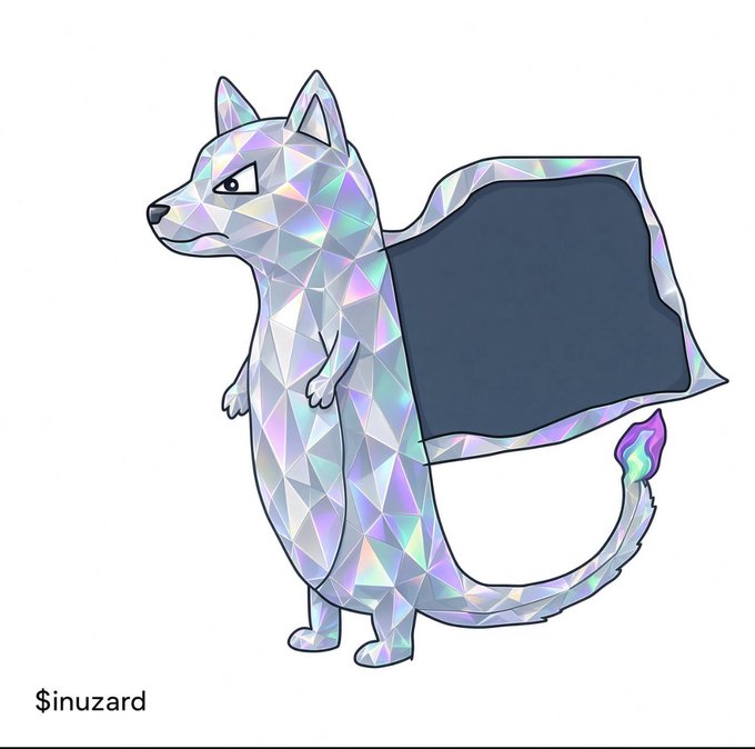 A digital illustration labeled '$inuzard' showing a holographic, polygonal-style cat-like creature with a dark rectangular screen on its back resembling a monster-catching game creature.