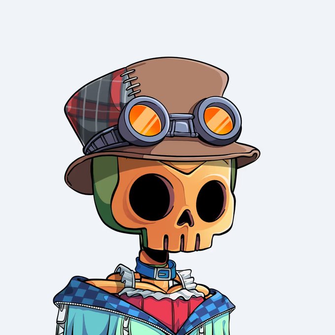 A cartoon illustration of a character with an orange skull head, wearing a brown top hat with goggles, and a blue and green jacket.