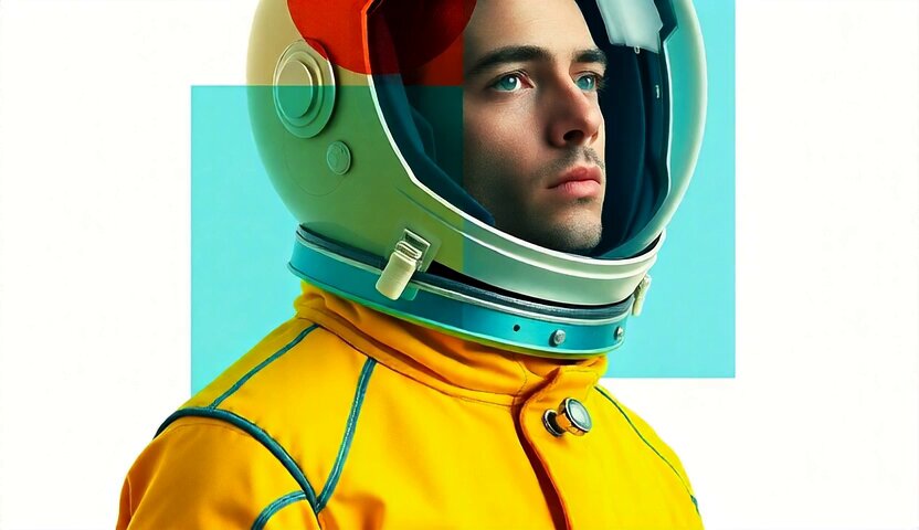 The image features a man wearing a yellow space suit, which appears to be a part of an advertisement or promotional material for a movie. The man's face is partially obscured by his helmet, giving him a serious expression as he looks off into the distance. The background of the image is white with blue squares and red circles scattered throughout it, creating a visually striking contrast that draws attention to the man in the yellow suit. The caption at the bottom of the image reads "Gm explorers Some Sunday randomness to start the day : $BTC is sitting around 64k up over the 7-day Switzerland had 20 shots against Qatar but couldn't beat them". This implies that there might be a connection between the man's space suit and the currency value, possibly indicating an association with a specific event or promotion.