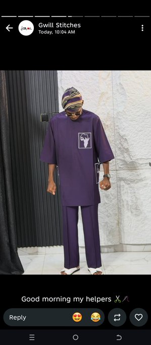 A social media post from 'Gwill Stitches' shows a man wearing a purple traditional outfit with a matching cap and a palm tree logo, captioned 'Good morning my helpers'.