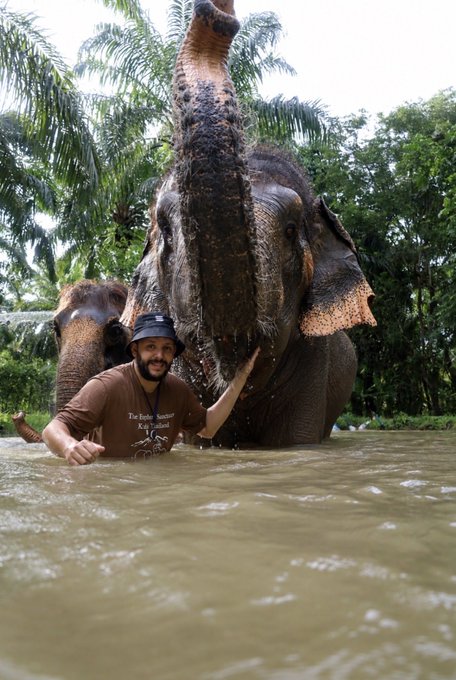 A man wearing a brown bucket hat and a shirt reading "The Bayan Sanctuary Koi Thailand" poses in muddy water beside a large elephant with its trunk raised high, surrounded by lush green foliage.